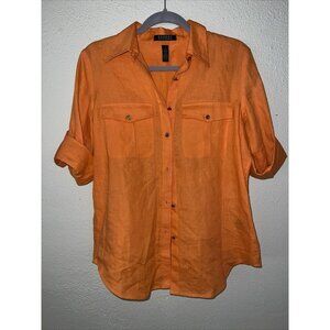 Lauren Ralph Lauren S Orange Linen Safari Blouse Cargo Style Gold Buttons LOGO